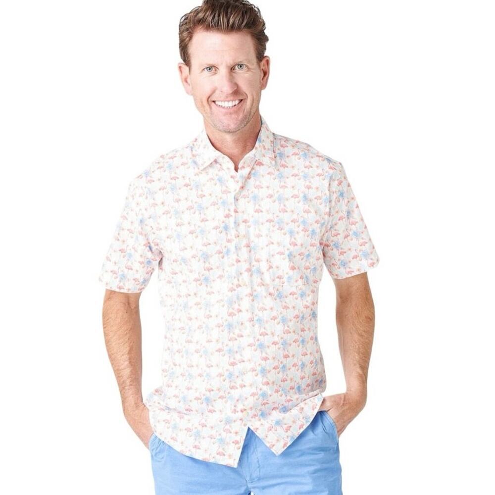 Peter Millar Men’s Seaside Paradise Short Sleeve Button Down  Shirt Size Large